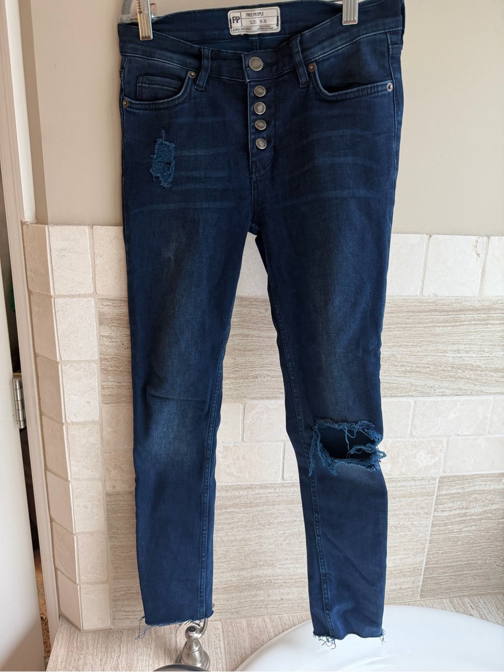 Free People Dark Blue High-Rise Button-Fly Distressed Women’s Jeans
